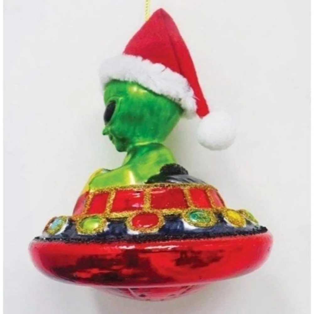 Vtg Style Halloween Alien in Santa Hat and‎ UFO Blown Glass Christmas Ornament
